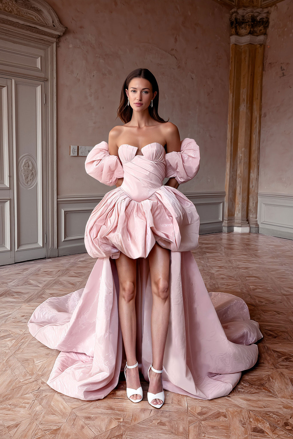 Гламурна сукня силуету «русалка» у глянцево-рожевому відтінку