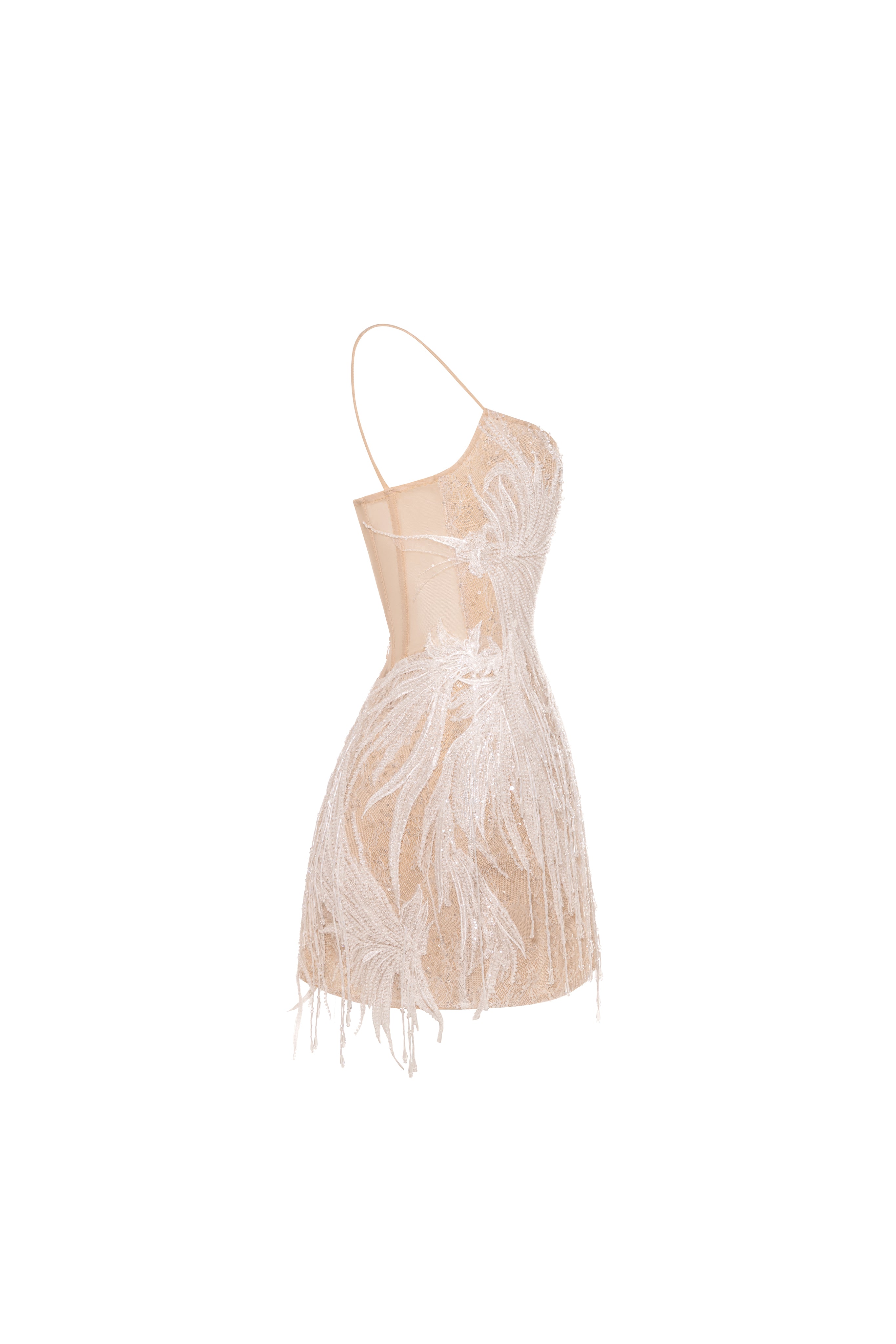 Мереживна блискуча мінісукня з китицями з бісеру