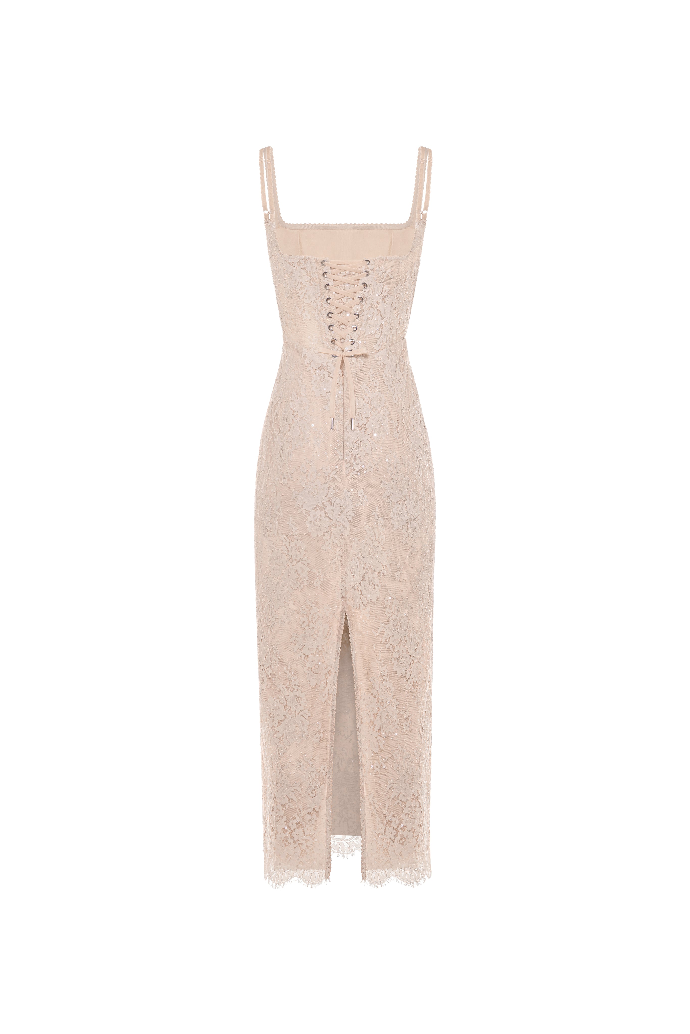 Бежева приталена мереживна сукня з лелітками