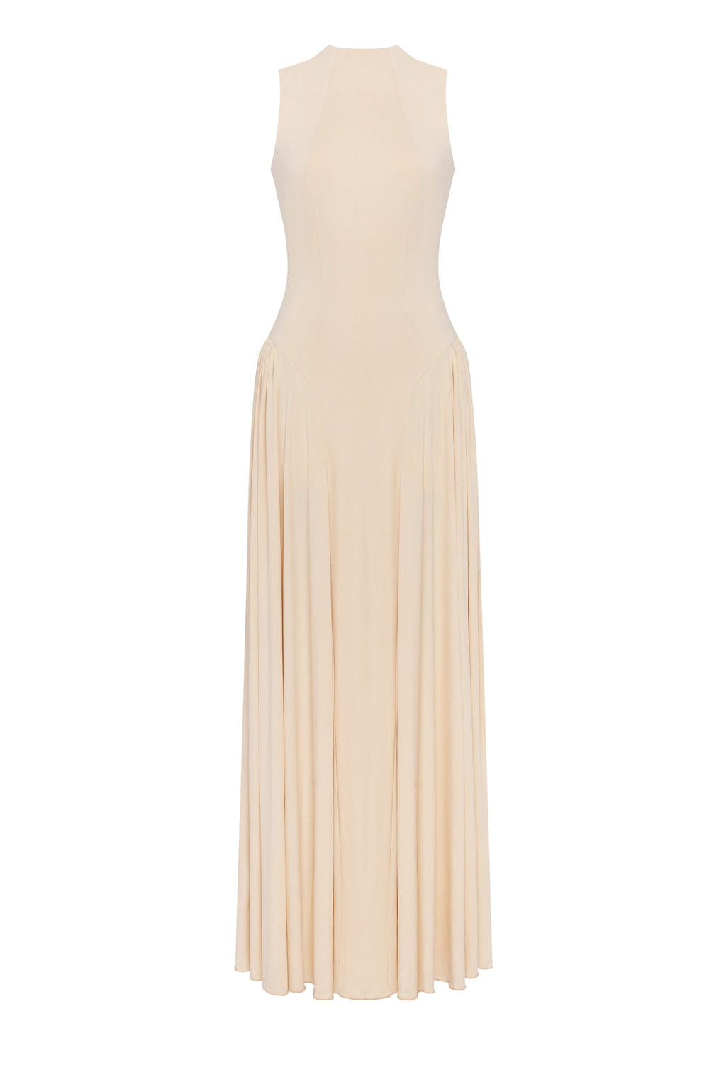 Нюдова мідісукня з високим коміром та плісированою спідницею