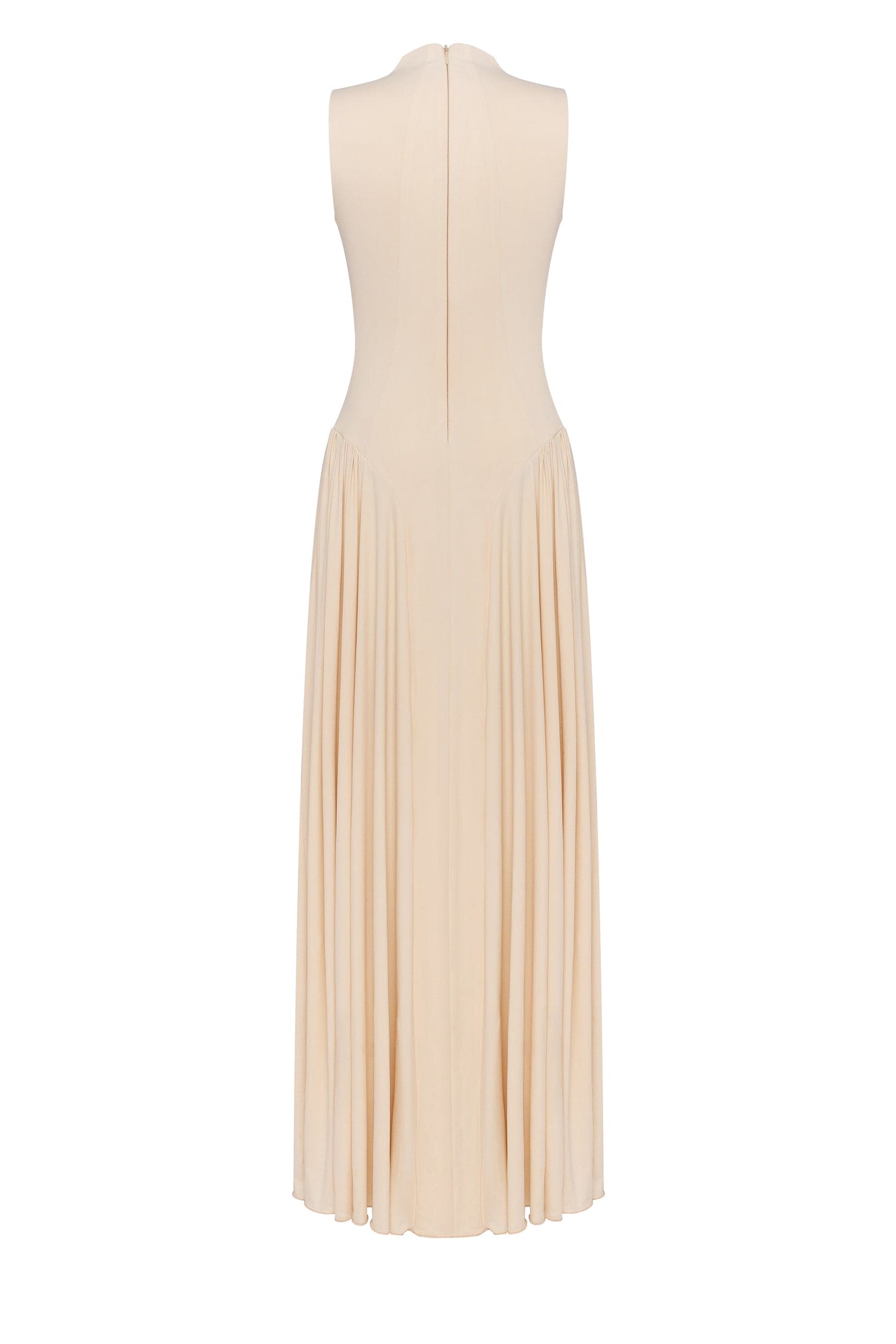 Нюдова мідісукня з високим коміром та плісированою спідницею