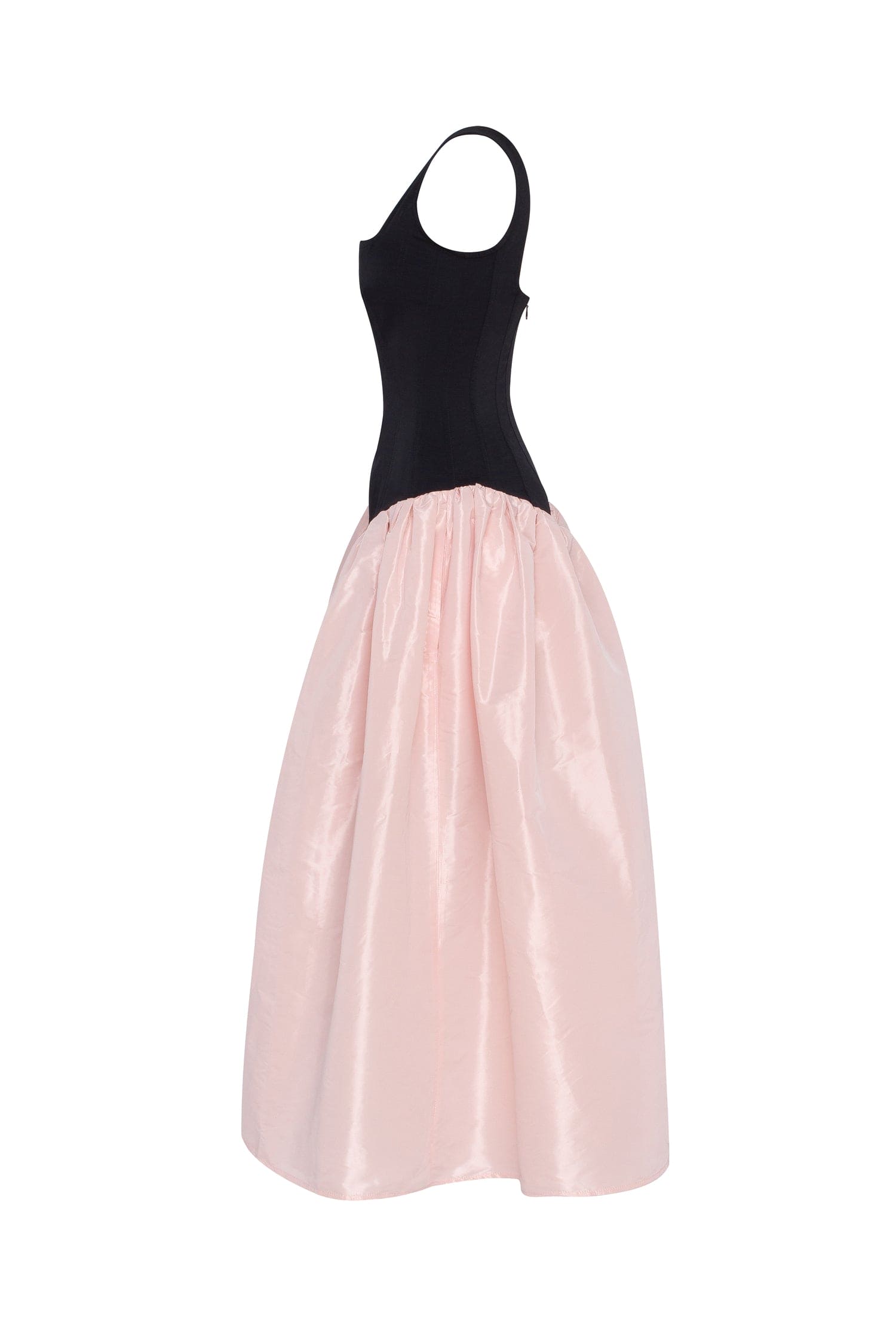 Чорна корсетна сукня із блискучою рожевою спідницею міді
