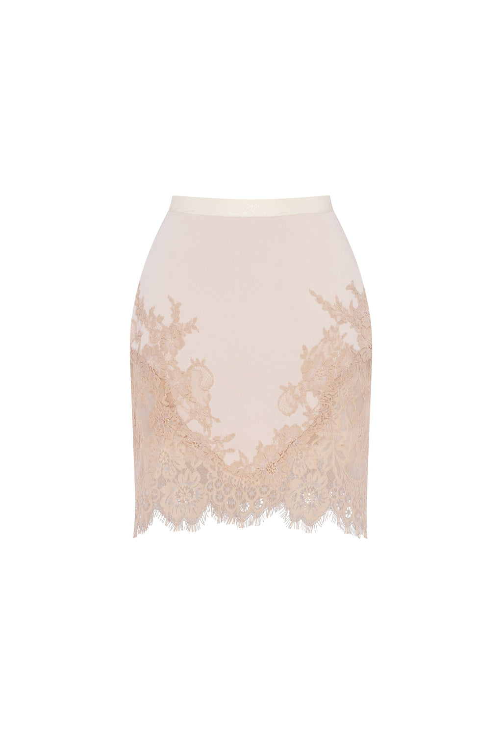 Облягаюча бежева мініспідниця, оздоблена мереживом