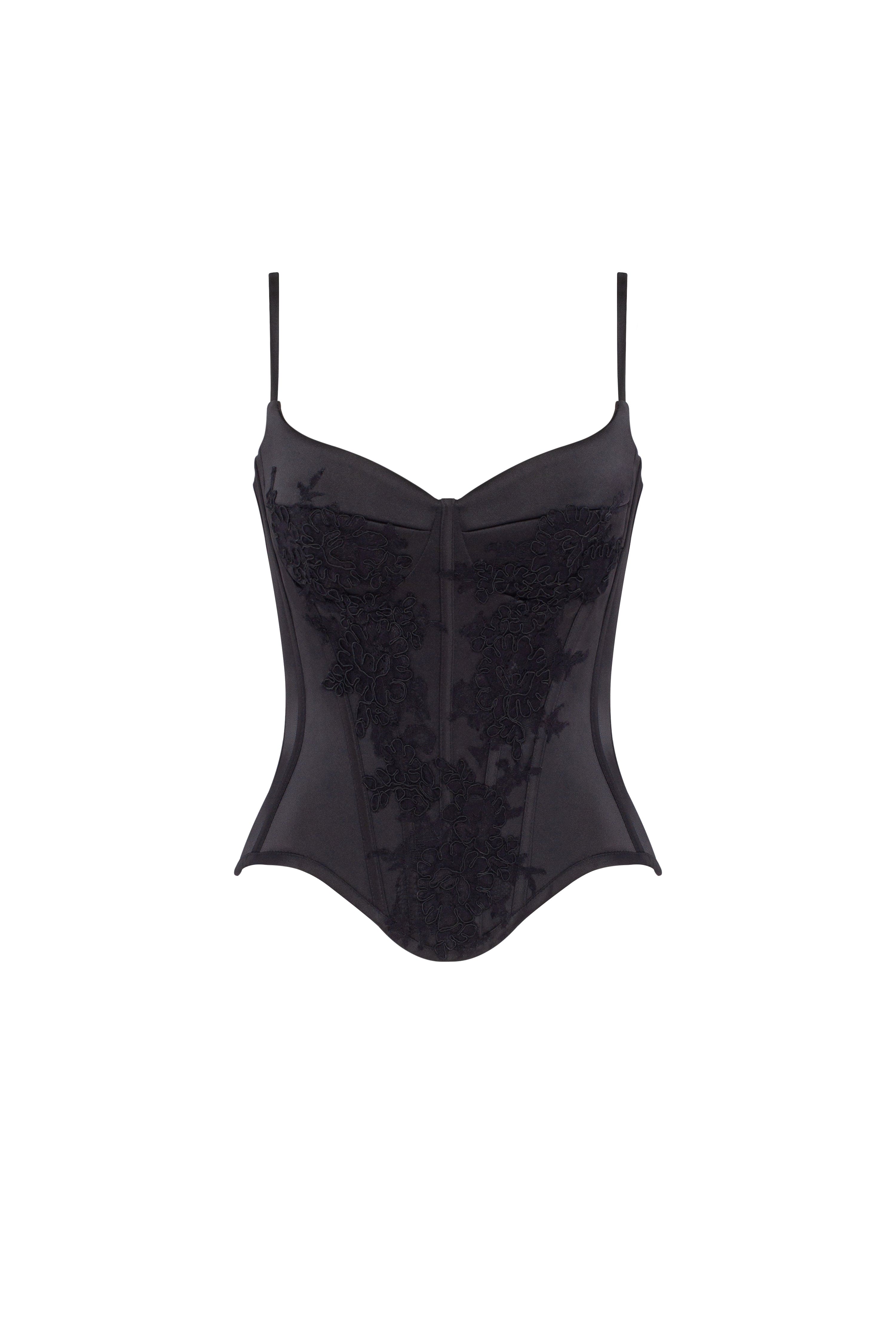 Чорний корсет на тонких бретелях із мереживом