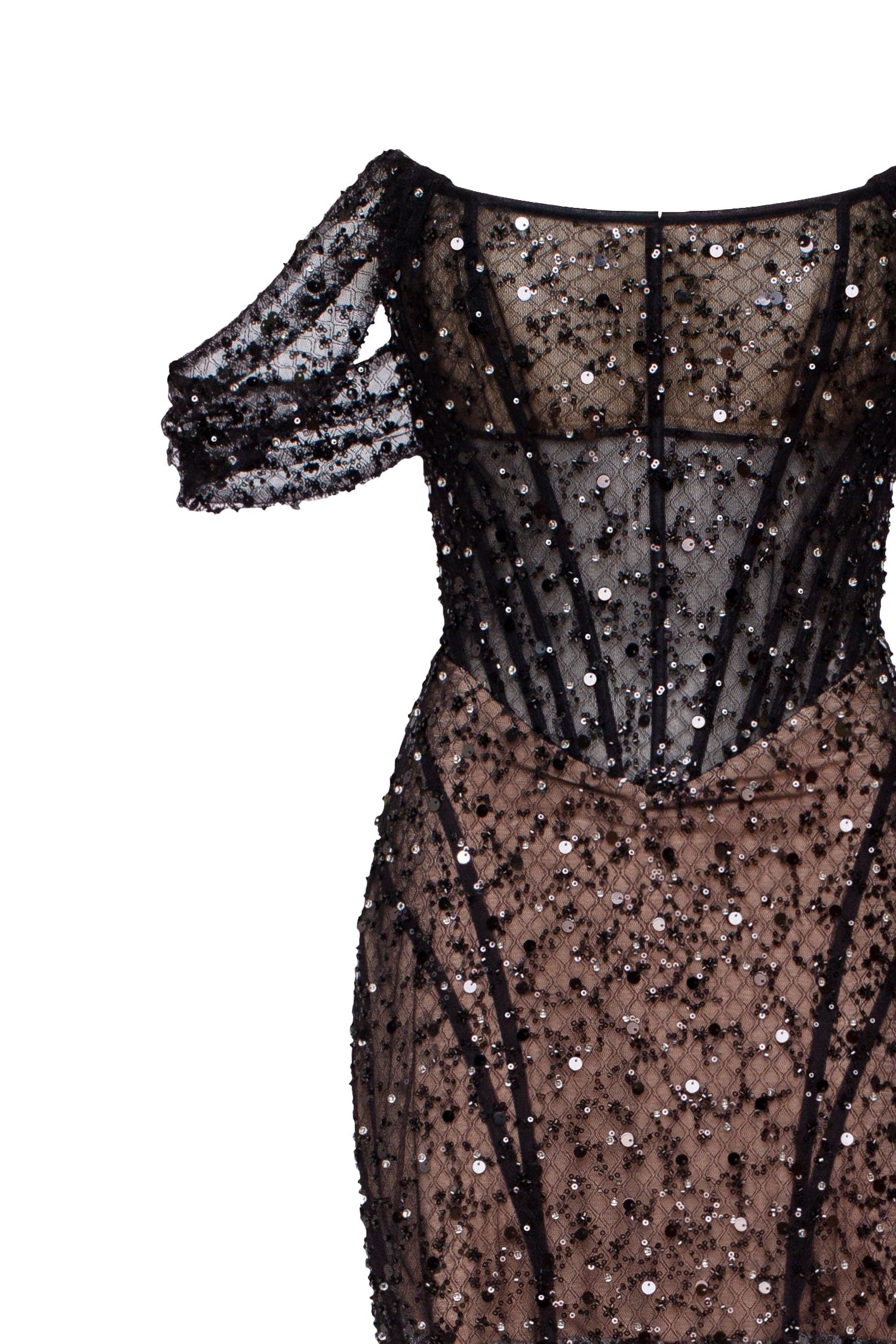 Чорна напівпрозора максісукня, оздоблена мерехтливими лелітками