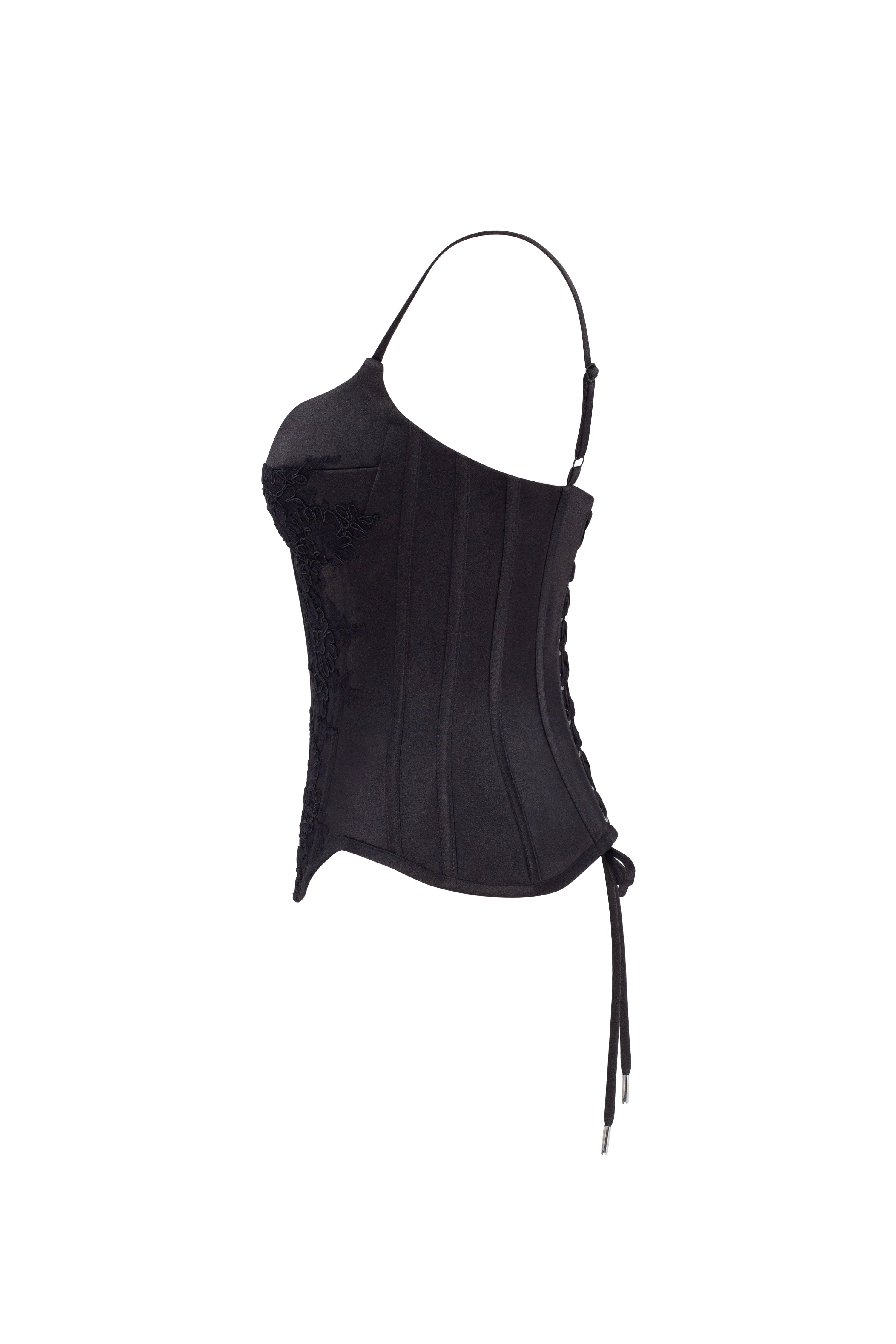 Чорний корсет на тонких бретелях із мереживом