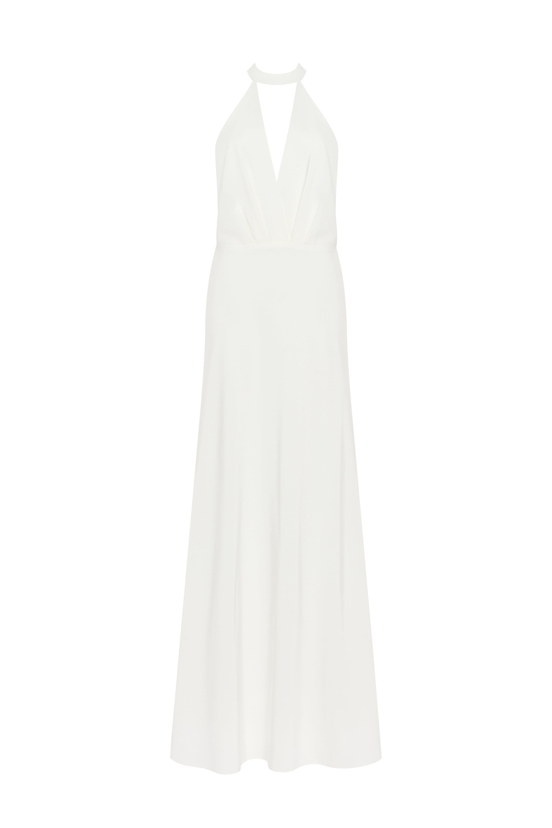 Біла приталена максісукня з зав'язкою на шиї і глибоким декольте