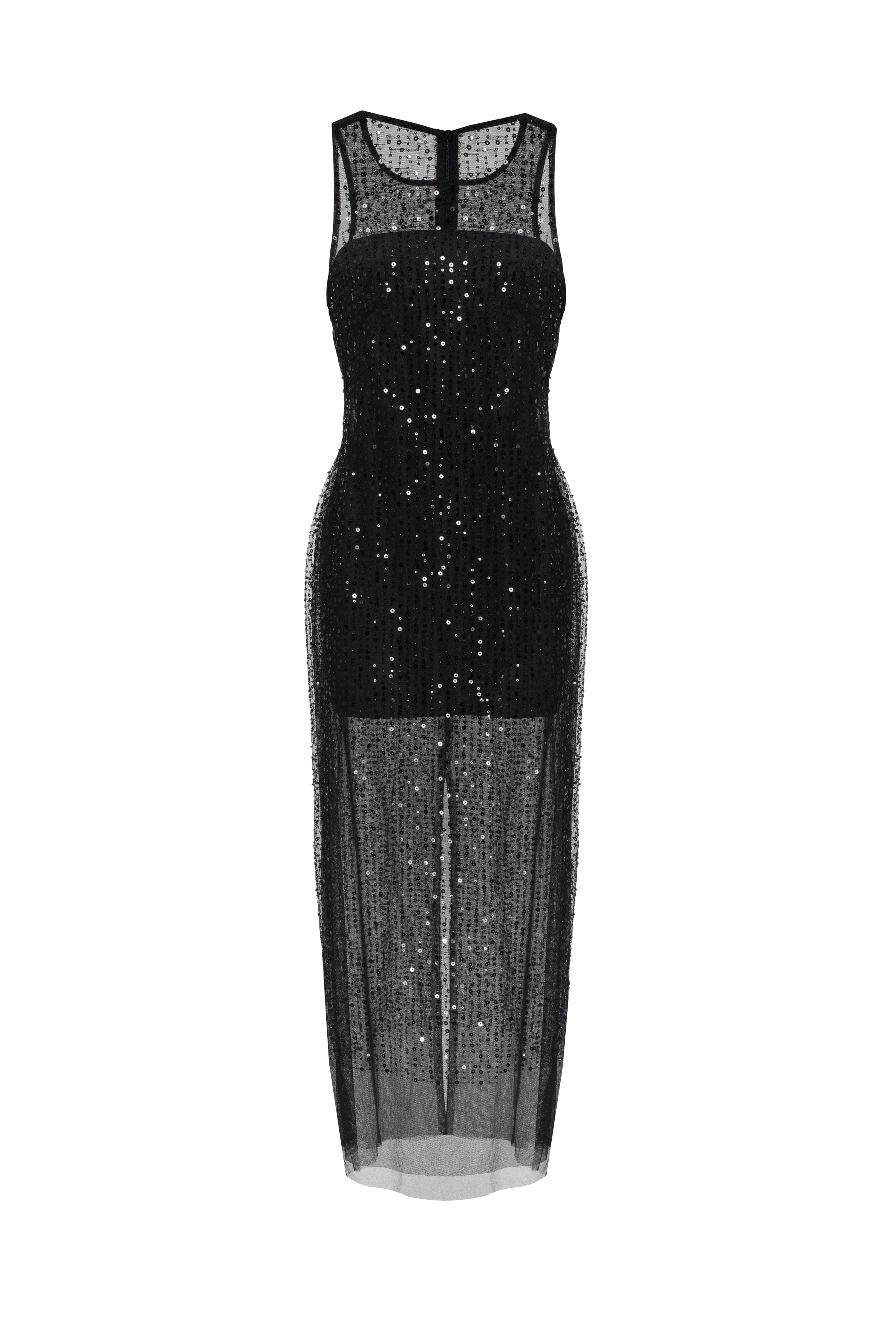 Чорна максісукня з напівпрозорого блискучого мережива