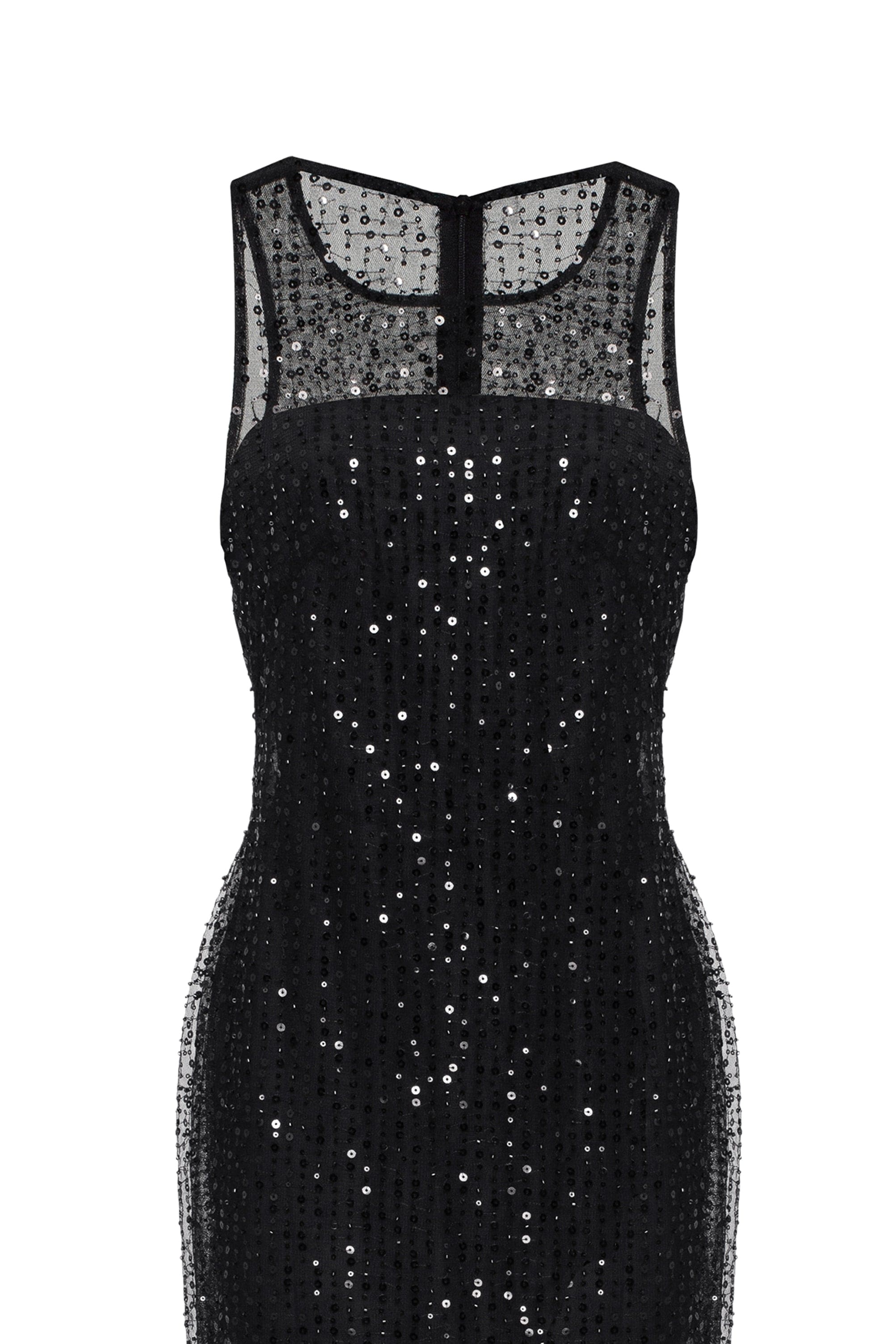 Чорна максісукня з напівпрозорого блискучого мережива