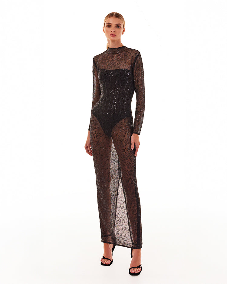 Чорна напівпрозора максісукня з довгим рукавом