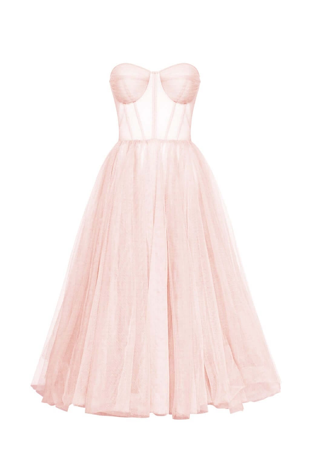 Misty Rose Strapless Puffy Midi Tulle Dress - Milla