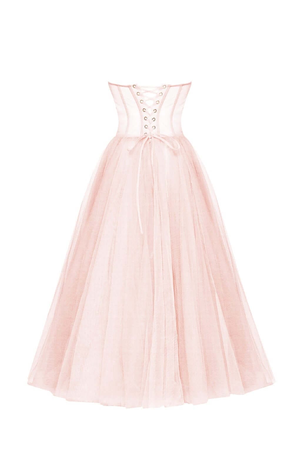 Misty Rose Strapless Puffy Midi Tulle Dress - Milla