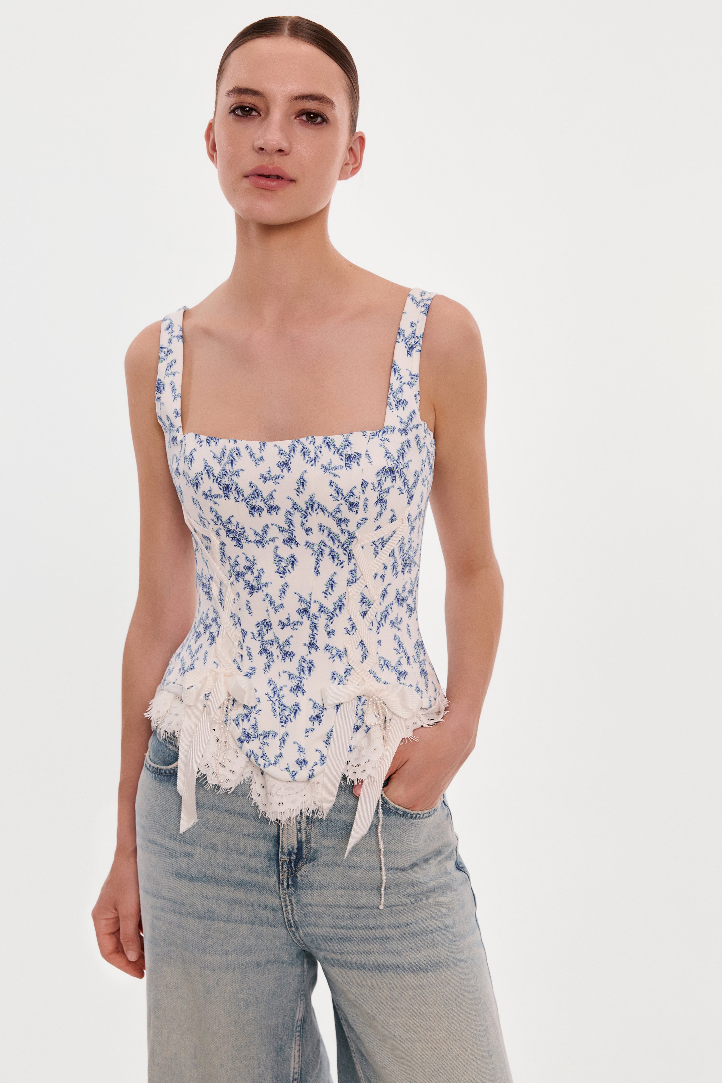 Корсет із принтом лаванди та атласною шнурівкою