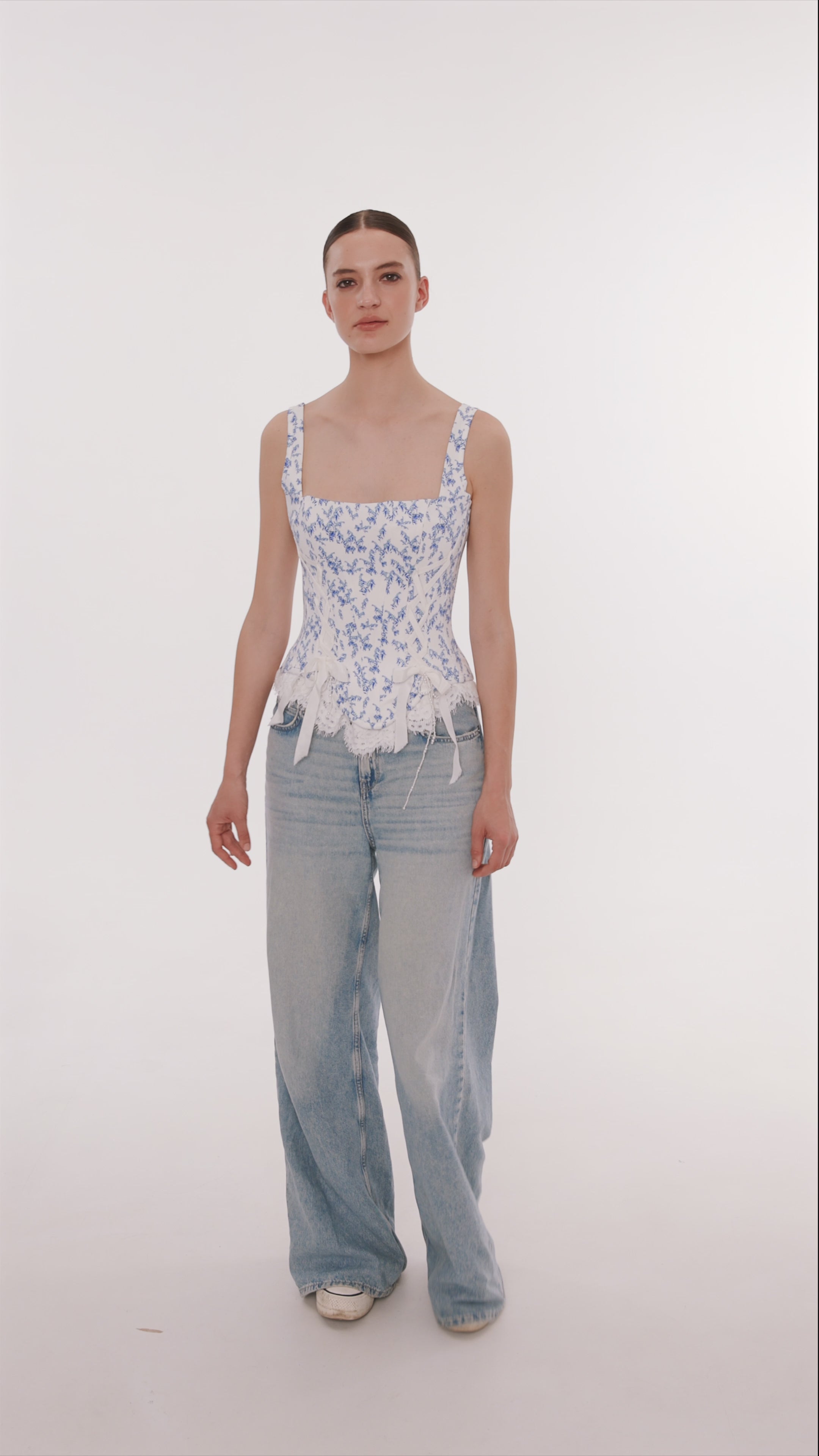 Корсет із принтом лаванди та атласною шнурівкою