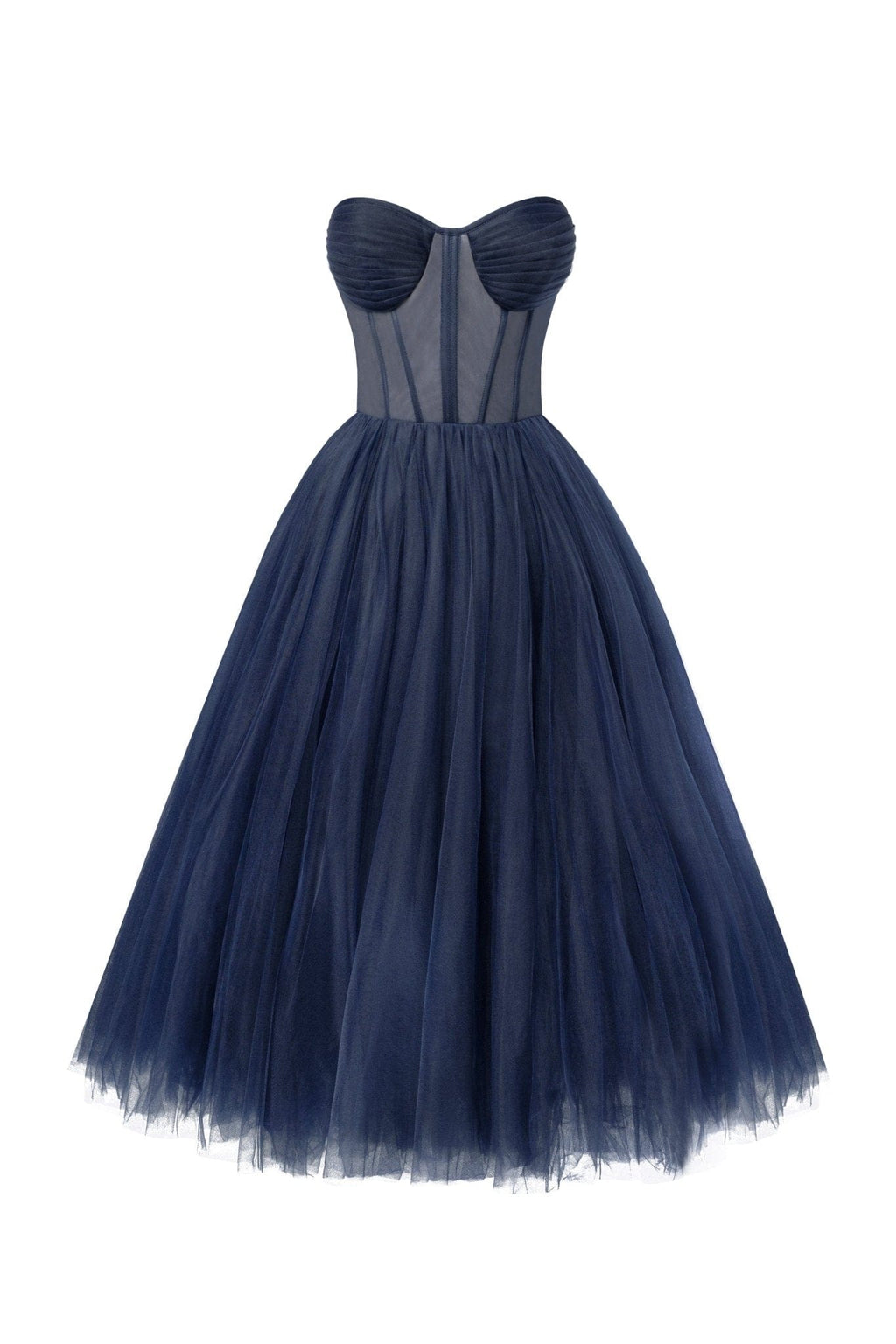 Navy Strapless Puffy Midi Tulle Dress - Milla