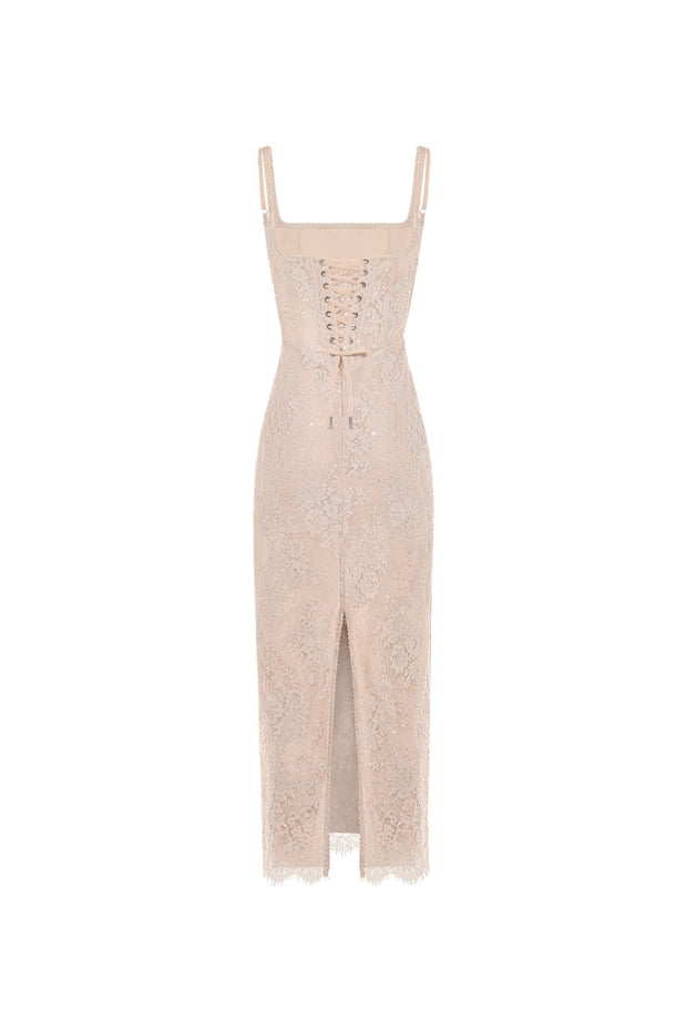 Бежева приталена мереживна сукня з лелітками