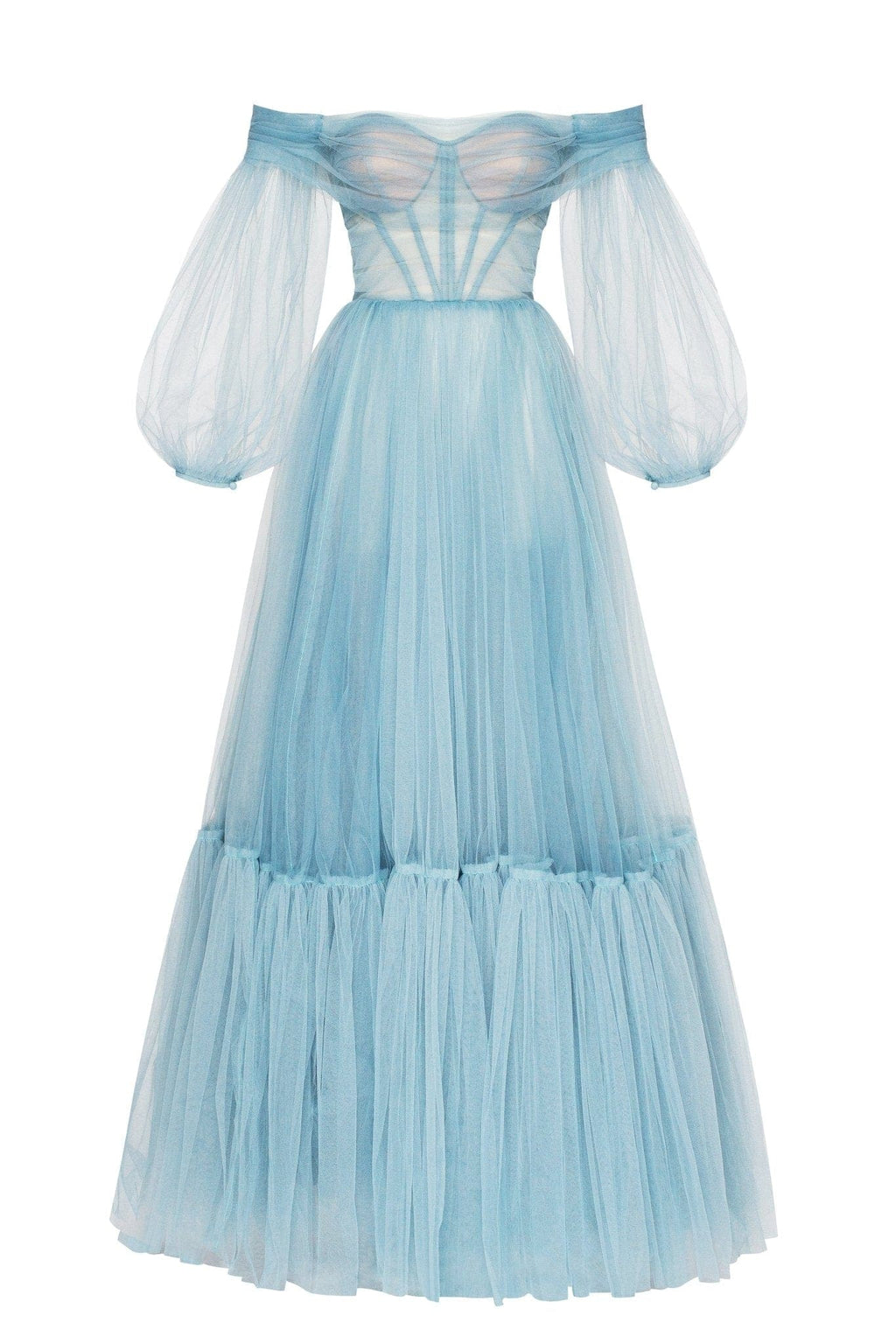 Ocean Wave Sheer Sleeves Maxi Tulle Dress - Milla
