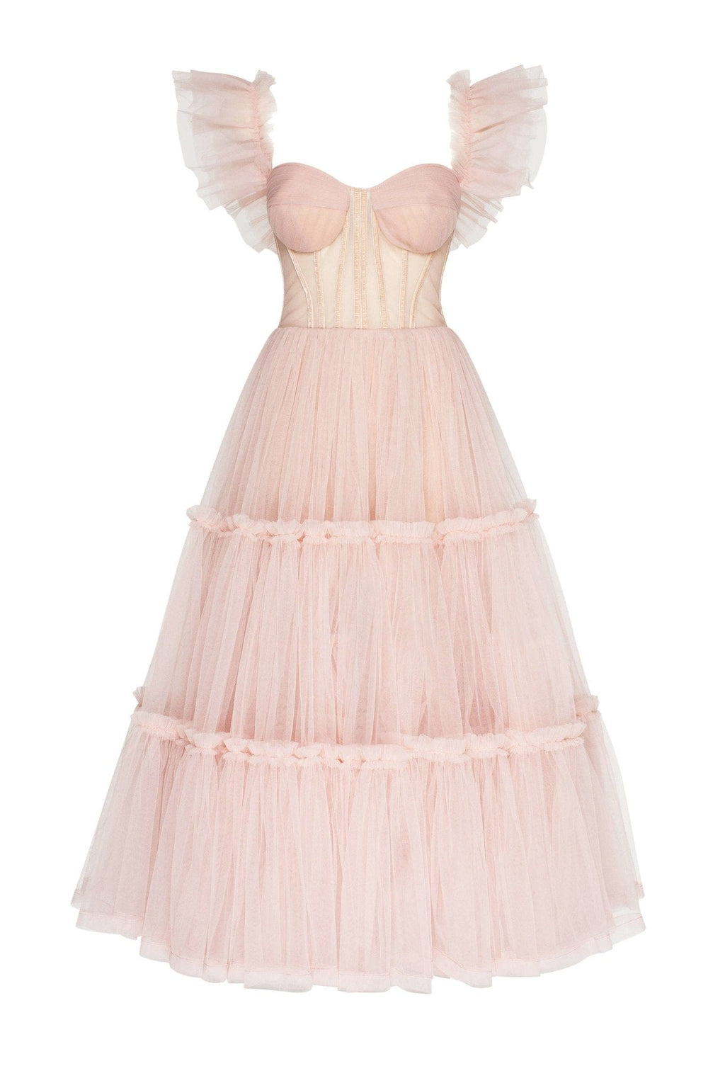 Misty Rose Ruffled Tulle Midi Dress - Milla
