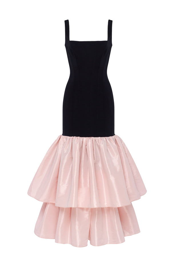 Чорна сукня 2-в-1 з багатоярусною рожевою спідницею