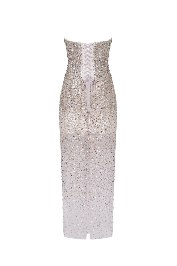 Ефектна напівпрозора срібна максісукня з лелітками