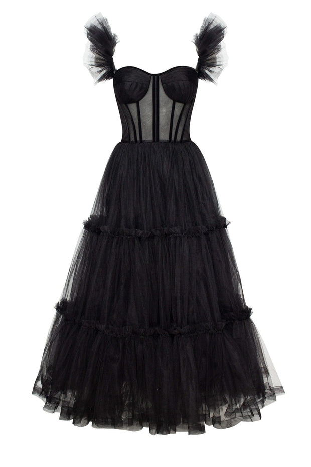 Black Ruffled Tulle Midi Dress - Milla