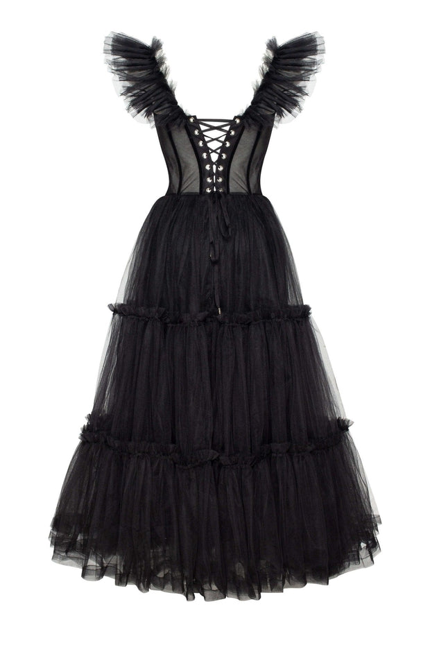 Black Ruffled Tulle Midi Dress - Milla