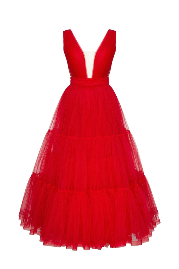 Red Tender midi plunging neckline cut out dress - Milla