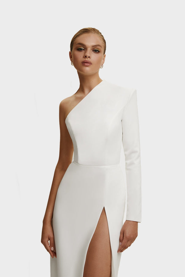 White Long-sleeved dress with sharp shoulder cut - Milla