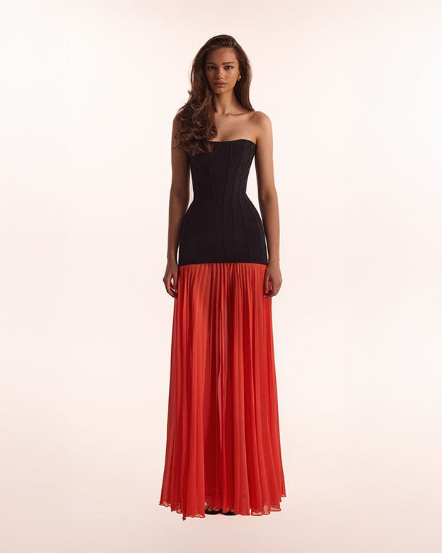 Чорно-коралова сукня з плісированою спідницею